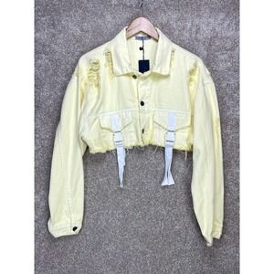 Carmar Distressed Buckle Strap Denim Jacket Women XS Yellow Oversized Grunge NEW
